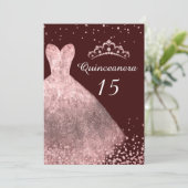 Roos Gold Dress Burgundy Quinceanera Party 15th Kaart (Staand voorkant)