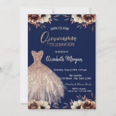 Roos Gold Dress Flowers Navy Blue Quinceañera Kaart (Voorkant)