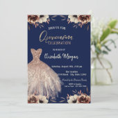 Roos Gold Dress Flowers Navy Blue Quinceañera Kaart (Staand voorkant)
