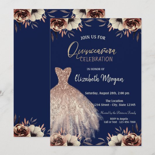 Roos Gold Dress Flowers Navy Blue Quinceañera Kaart (Voorkant / Achterkant)