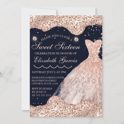 Roos Gold Dress & Glam Edges Sweet 16 Kaart (Voorkant)