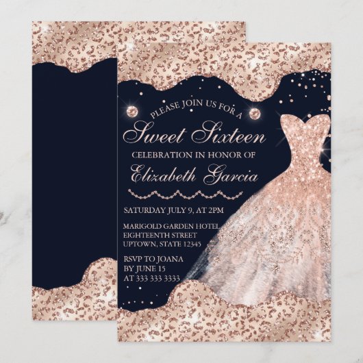 Roos Gold Dress & Glam Edges Sweet 16 Kaart (Voorkant / Achterkant)