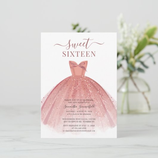 Roos Gold Dress Glitter Sweet 16 Birthday Kaart (Staand voorkant)