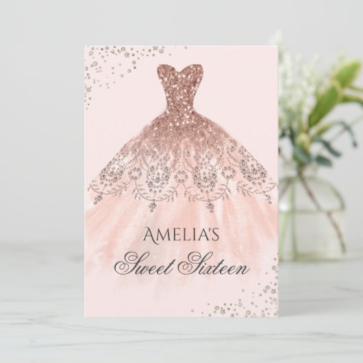 Roos Gold Dress Sparkle Sweet Sixteen Invitation Kaart (Staand voorkant)