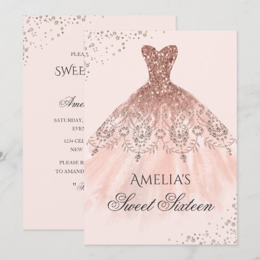 Roos Gold Dress Sparkle Sweet Sixteen Invitation Kaart (Voorkant / Achterkant)