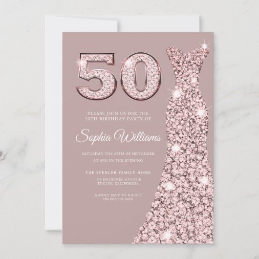 Roos Gold Dress Stoffig Roze 50ste Verjaardag Kaart (Voorkant)