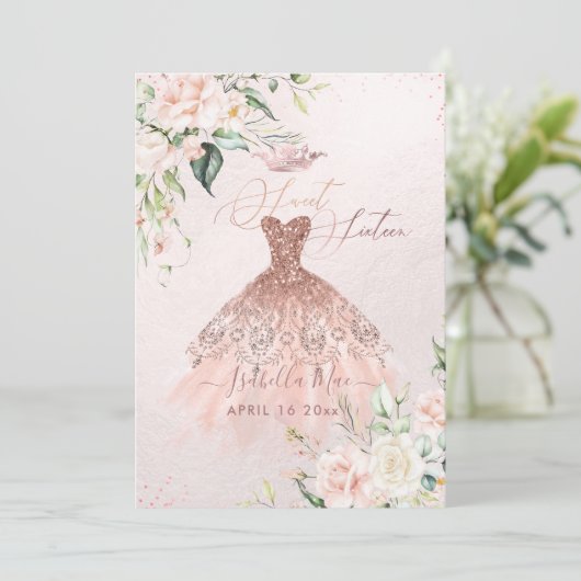 Roos Gold Dress Sweet 16 Blush Waterverf Flowers Kaart (Staand voorkant)