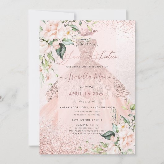 Roos Gold Dress Sweet 16 Blush Waterverf Flowers Kaart (Achterkant)