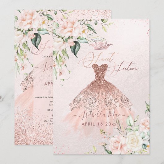 Roos Gold Dress Sweet 16 Blush Waterverf Flowers Kaart (Voorkant / Achterkant)