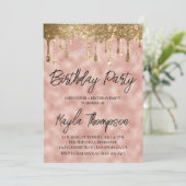 Roos Gold Drip Birthday Party Invitation Kaart (Staand voorkant)