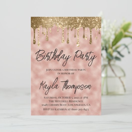 Roos Gold Drip Birthday Party Invitation Kaart (Staand voorkant)