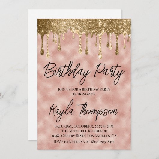 Roos Gold Drip Birthday Party Invitation Kaart (Voorkant / Achterkant)