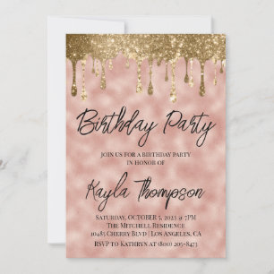 Roos Gold Drip Birthday Party Invitation Kaart