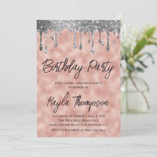 Roos Gold Drip Birthday Party Invitation Kaart (Staand voorkant)