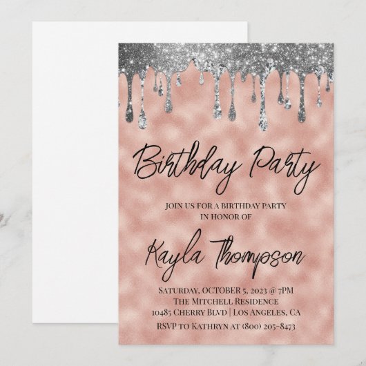 Roos Gold Drip Birthday Party Invitation Kaart (Voorkant / Achterkant)