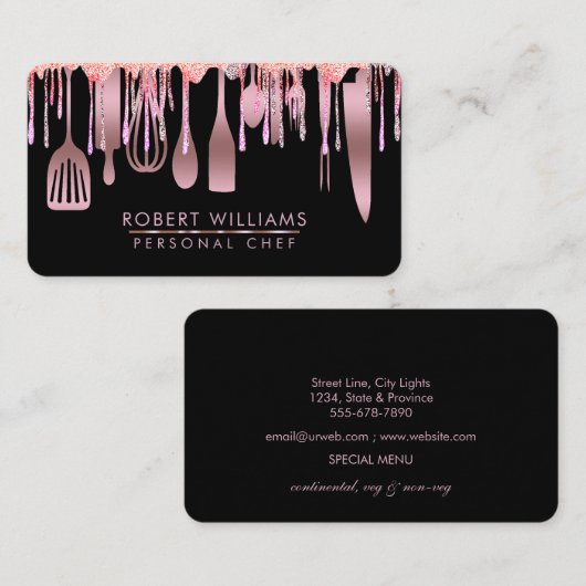 Roos Gold Drip Chef Kitchen Tools Glitter Faux Visitekaartje (Voorkant / Achterkant)