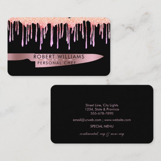 Roos Gold Drip Chef Kitchen Tools Knife Glitter Visitekaartje (Voorkant / Achterkant)
