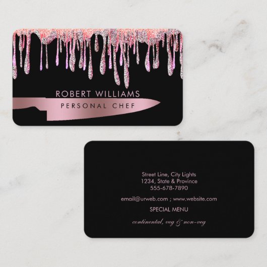 Roos Gold Drip Chef Kitchen Tools Knife Glitter Visitekaartje (Voorkant / Achterkant)