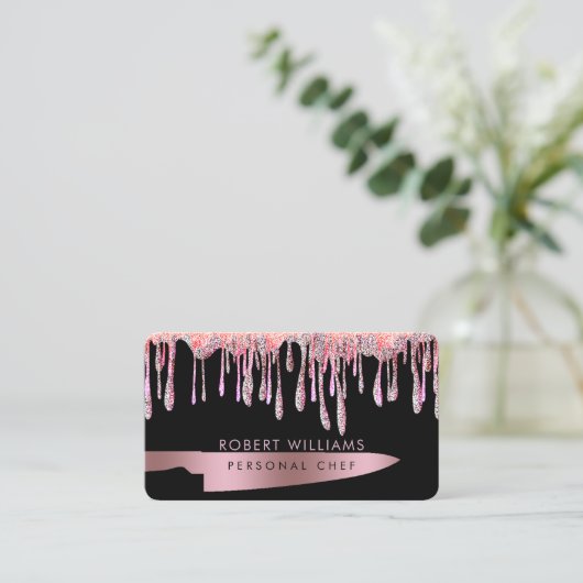 Roos Gold Drip Chef Kitchen Tools Knife Glitter Visitekaartje (Staand voorkant)