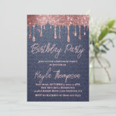 Roos Gold Drip Denim Birthday Party Invitation Kaart (Staand voorkant)