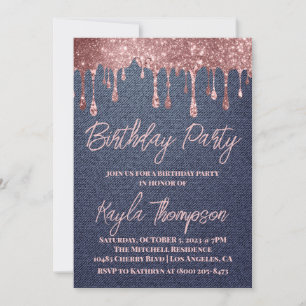 Roos Gold Drip Denim Birthday Party Invitation Kaart