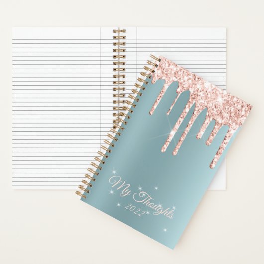 Roos Gold Drip Glitter Blauwgroen Aangepaste tekst Notitieboek (Binnen)