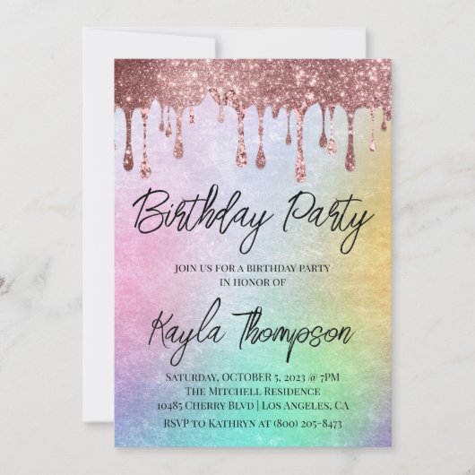 Roos Gold Drip Rainbow Birthday Party Invitation Kaart (Voorkant)