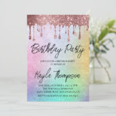 Roos Gold Drip Rainbow Birthday Party Invitation Kaart (Staand voorkant)