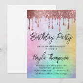 Roos Gold Drip Rainbow Birthday Party Invitation Kaart (Voorkant / Achterkant)