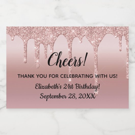 Roos Gold Dripping Glitter 21st Birthday Mini Sparkling Wijnetiket (Enkel label)