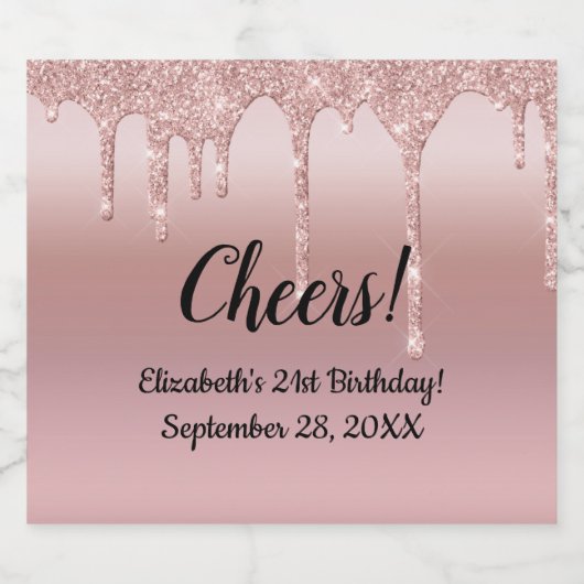 Roos Gold Dripping Glitter 21ste verjaardag Sparkling Wijnetiket (Enkel label)