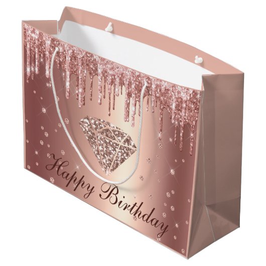 Roos Gold Dripping Glitter & Diamond Birthday Groot Cadeauzakje (Achterkant Gekanteld)