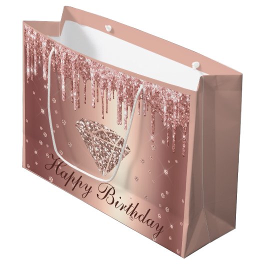 Roos Gold Dripping Glitter & Diamond Birthday Groot Cadeauzakje (Voorkant Gekanteld)
