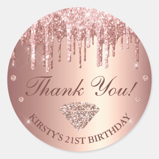 Roos Gold Dripping Glitter & Diamond Birthday Ronde Sticker (Voorkant)