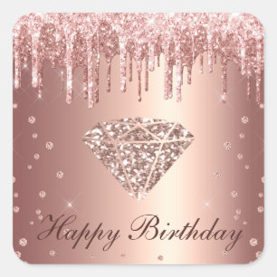 Roos Gold Dripping Glitter & Diamond Birthday Vierkante Sticker