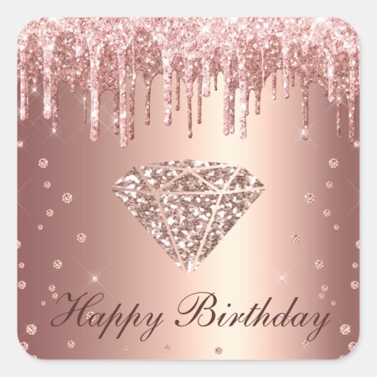 Roos Gold Dripping Glitter & Diamond Birthday Vierkante Sticker (Voorkant)