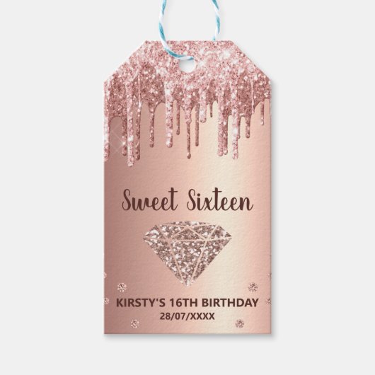 Roos Gold Dripping Glitter & Diamond Sweet 16 Cadeaulabel (Voorkant)