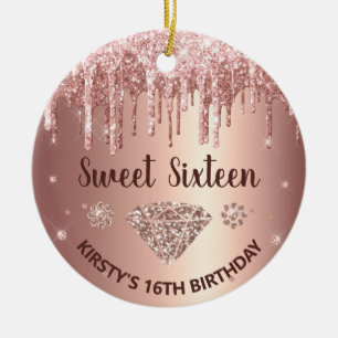 Roos Gold Dripping Glitter & Diamond Sweet 16 Keramisch Ornament