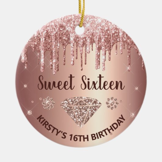 Roos Gold Dripping Glitter & Diamond Sweet 16 Keramisch Ornament (Voorkant)