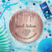 Roos Gold Dripping Glitter & Diamond Sweet 16 Papieren Bordje (Feest)