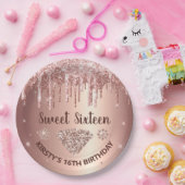 Roos Gold Dripping Glitter & Diamond Sweet 16 Papieren Bordje (Feest)