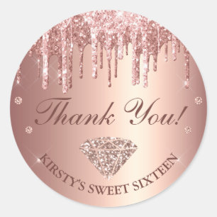 Roos Gold Dripping Glitter & Diamond Sweet 16 Ronde Sticker