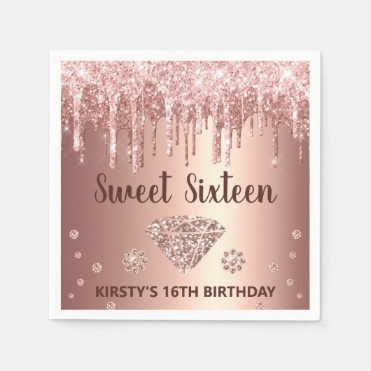Roos Gold Dripping Glitter & Diamond Sweet 16 Servet (Voorkant)