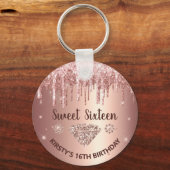 Roos Gold Dripping Glitter & Diamond Sweet 16 Sleutelhanger (Voorkant)