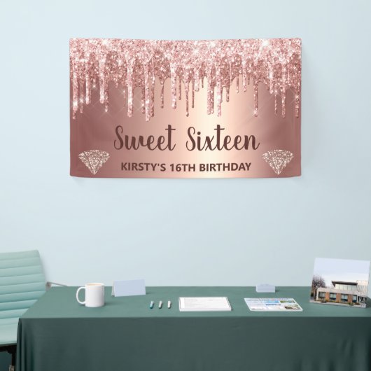 Roos Gold Dripping Glitter & Diamond Sweet 16 Spandoek (Beurs)