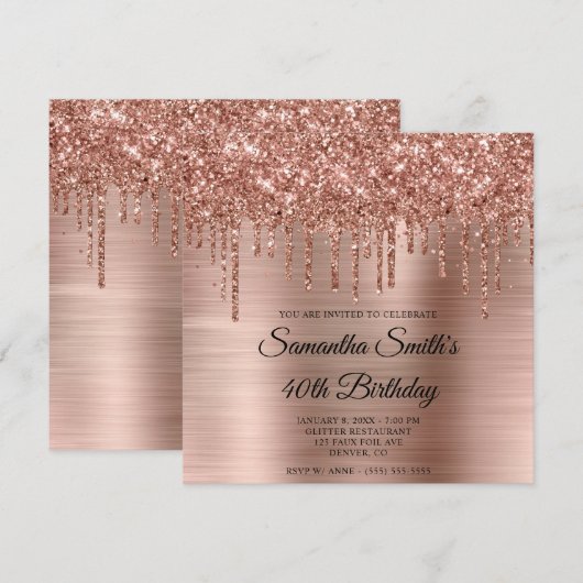 Roos Gold Dripping Glitter en Folie 40e Verjaardag Kaart (Voorkant / Achterkant)