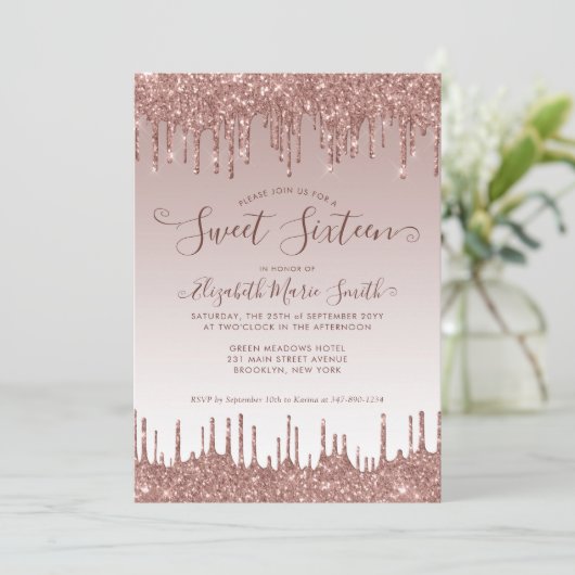 Roos Gold Dripping Glitter Glam Sweet 16 Verjaarda Kaart (Staand voorkant)