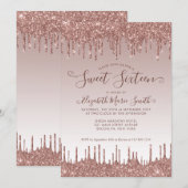Roos Gold Dripping Glitter Glam Sweet 16 Verjaarda Kaart (Voorkant / Achterkant)