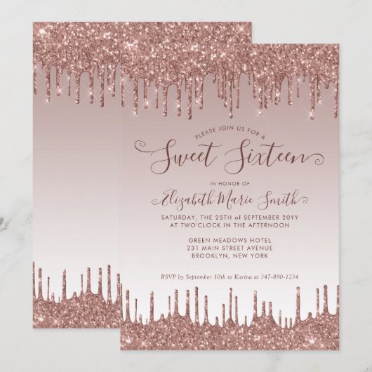 Roos Gold Dripping Glitter Glam Sweet 16 Verjaarda Kaart (Voorkant / Achterkant)