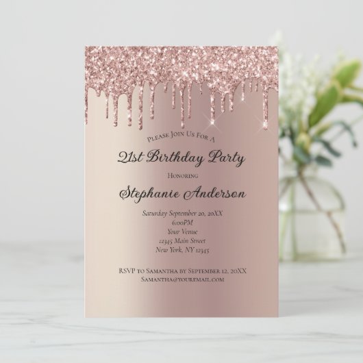 Roos Gold Dripping Glitter Trendy 21st Birthday Kaart (Staand voorkant)